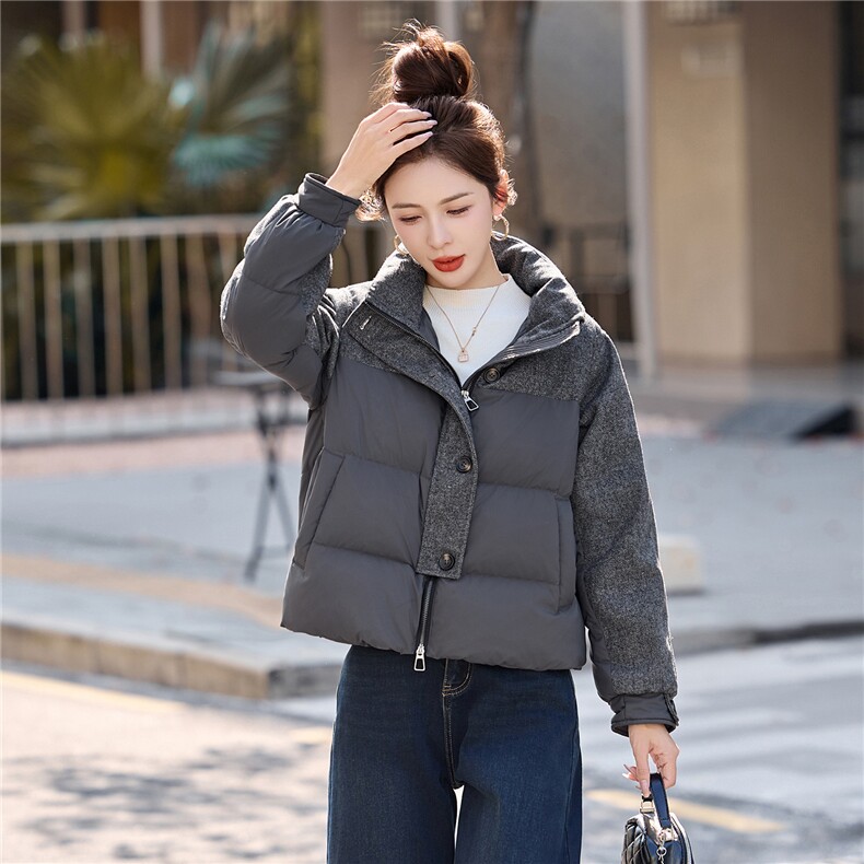 冬装时尚新款毛呢拼接90白鸭绒短款加厚羽绒服外套,女装羽绒服,姿衣坊