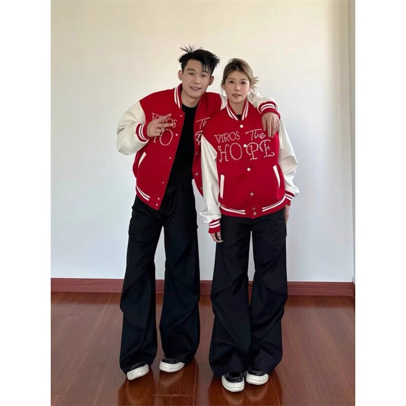珍珠红色撞色棒球服外套男款春秋季美式高街hiphop设计感夹克外套,男装夹克,星座313A(原308A-2)