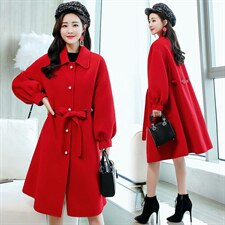 毛呢大衣2024年秋季单排扣红色中长款红色结婚呢子大衣女,女装毛呢外套,天丝秀