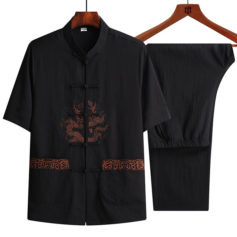 夏季风唐装中年棉麻短袖衬衫太极服宽松套装CF931-套装P90,男装休闲套装,星座1105-3