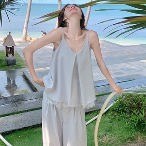 气质女神范蕾丝拼接露背吊带上衣阔腿裤套装两件套女夏法式温柔风图片