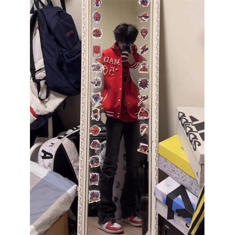 数字款 珍珠红色棒球服撞色夹克外套JK0116-1-P105图片