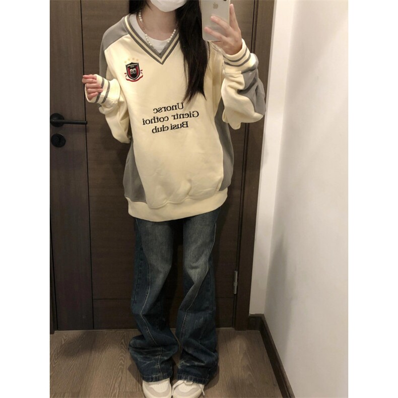 WE1949-P46徽章V领撞色拼接美式重磅运动卫衣男女,男装卫衣,电商B323A