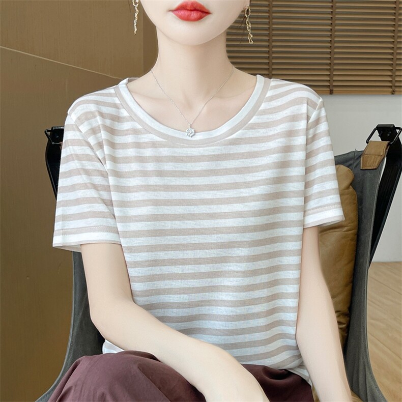 2025年夏季休闲风常规不连帽短袖修身型圆领时尚百搭上衣,女装T恤,绒宛羊绒