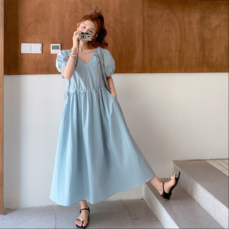 蓝色简单大方的连衣裙女夏季2025新款法式气质少女泡泡袖公主裙子图片