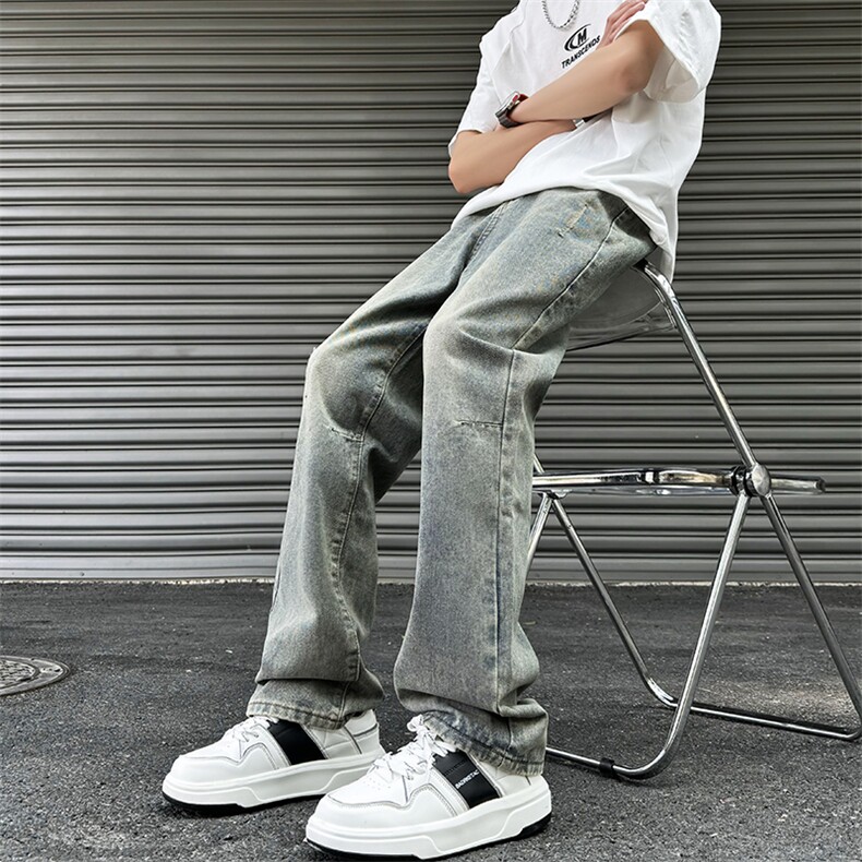 2025夏季双色直筒牛仔裤男美式休闲cleanfit裤子781/p58图片