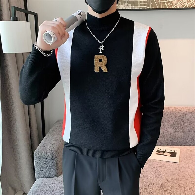 半高领毛衣男潮牌内搭上衣新款精神小伙拼色针织打底衫WLM843-P52,男装T恤,星座1008