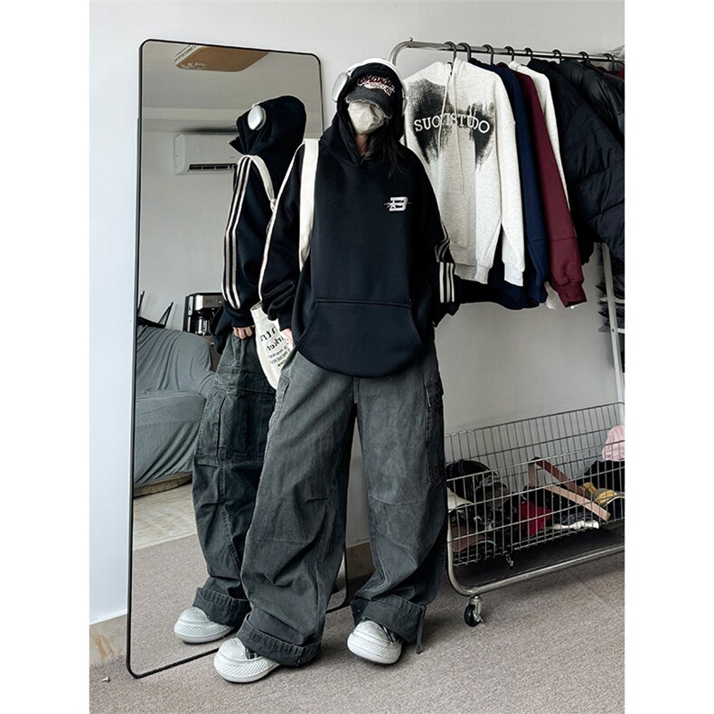 抖音得物供货提供视频秋冬重磅美式宽松织带连帽卫衣0617,男装卫衣,电商A486