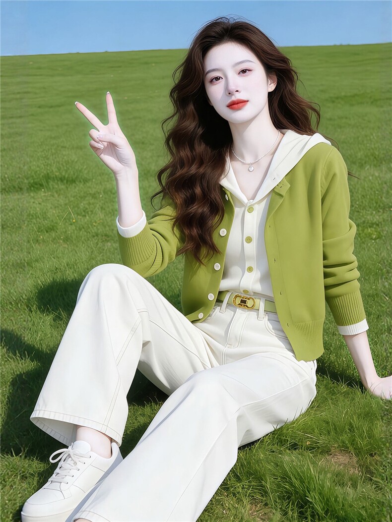 大量现货---草绿色连帽拼接假两件针织开衫清新软糯高级感上衣女,针织衫/毛衣,乐蒂丝