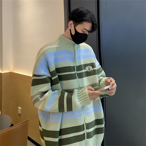 条纹立领开衫毛衣男2024新款秋冬慵懒潮牌百搭针织衫M1628-P52,男士复古棉袄穿搭图片
