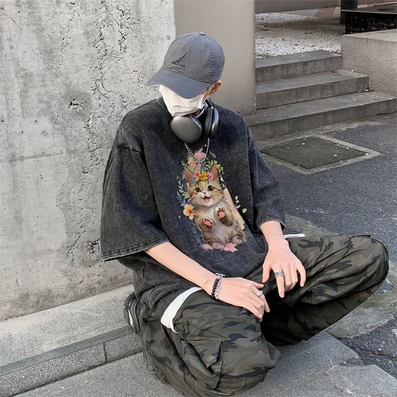 潮牌宽松短袖t恤蜡染美式复古高街水洗做旧517A-2-SX245-P38,男装T恤,星座517A-2