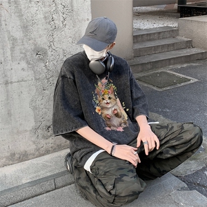 潮牌宽松短袖t恤蜡染美式复古高街水洗做旧517A-2-SX245-P38图片