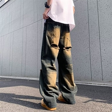 街头欧美破洞牛仔裤男宽松直筒痞帅宽松阔腿老爹裤潮N9011，男装牛仔裤，星座1116A-1（原606A）