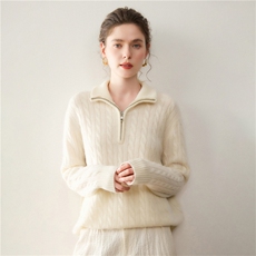 宽松慵懒半拉链翻领套头山羊绒衫2025秋冬麻花女韩版纯色针织毛衣，女装针织衫/毛衣，溪贝羊绒