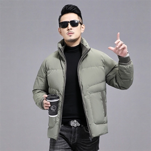 2023新款立领羽绒服男士中年商务休闲冬季上衣男装厚款保暖外套,雪纺纽扣上衣搭配图片