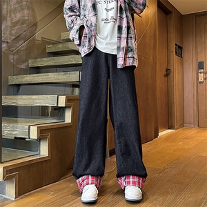 拼接卷边格子牛仔裤男设计感小众阔腿直筒拖地裤子KZ011P65加绒75图片