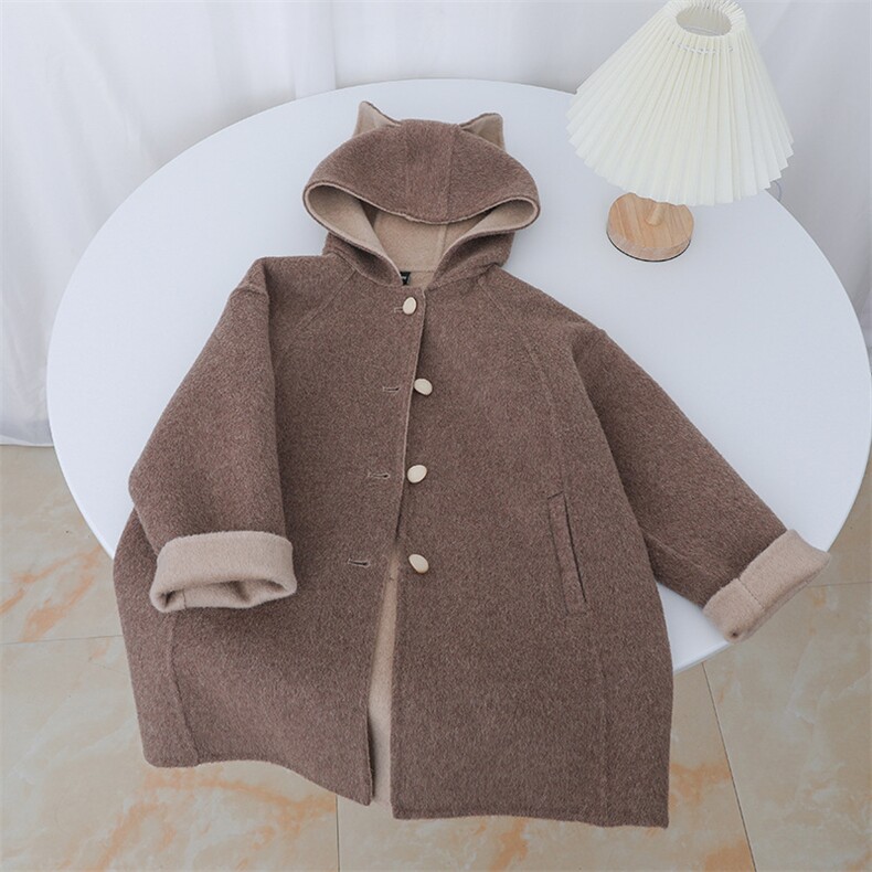 2025秋冬新款男女童装纯羊毛狐狸大衣双面呢外套时尚拼色可爱保暖，童装外套，羢衣兜