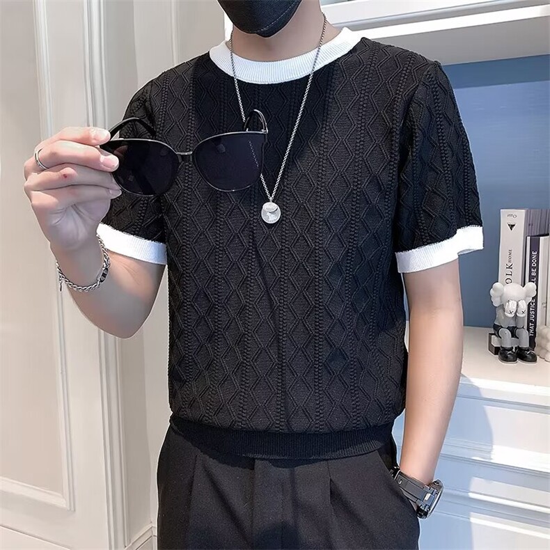 夏季镂空冰丝休闲针织短袖男装薄款透气潮流百搭圆领男士半袖T恤,男装T恤,星座1013