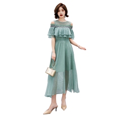 连衣裙涤纶雪纺纯色圆领中腰套头荷叶袖大摆型2021年夏季修身显瘦，女装连衣裙，艾仟回(原伊仟回)