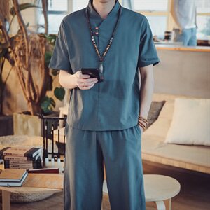 DY10*2021夏季男士棉麻短袖T恤套装阔腿裤两件套装男 灰蓝 *P55图片
