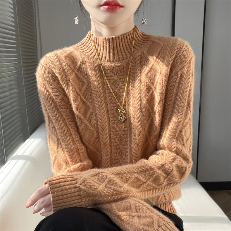 2024秋新款女半高领绞花宽松慵懒风加厚毛衣,针织衫/毛衣,暖娇绒包芯纱店
