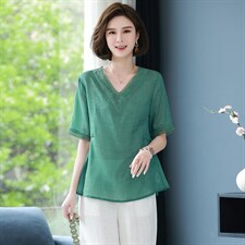 夏季棉麻女上衣妈妈苎麻小衫2025年新款休闲宽松薄款减龄亚麻衬衫，女装T恤，丽影随形