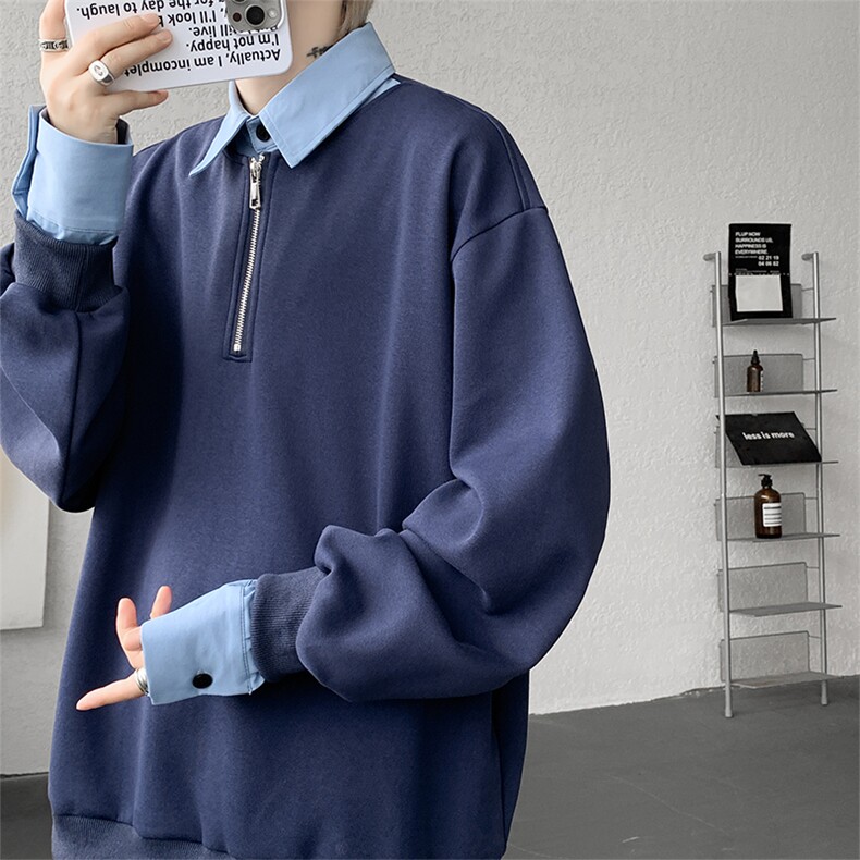 新款假两件条纹拉链衬衫领休闲春款卫衣高街休闲学院卫衣特P50,男装卫衣,电商B319
