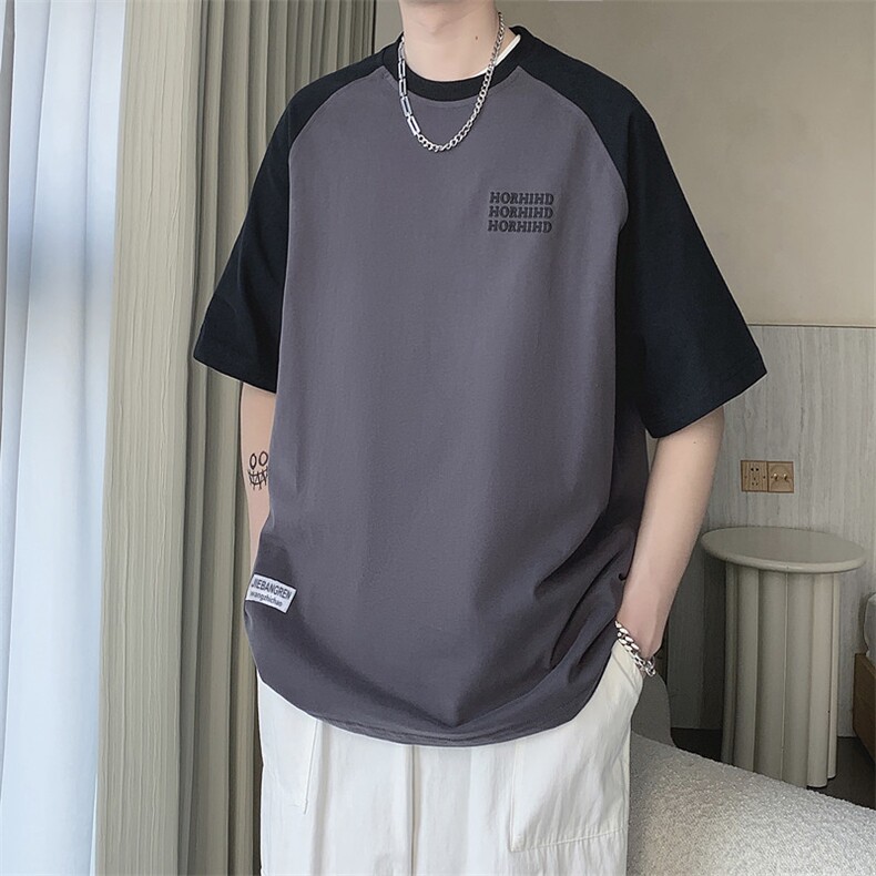 夏季潮牌刺绣插肩短袖T恤男港风ins潮流半袖打底衫上衣 T1488-P30图片