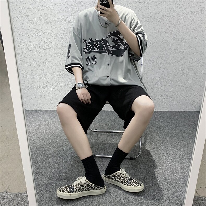 开衫印花短袖T恤男女夏季ins港风复古棒球服衬衣宽松五分半袖体恤,男装T恤,星座1210-1
