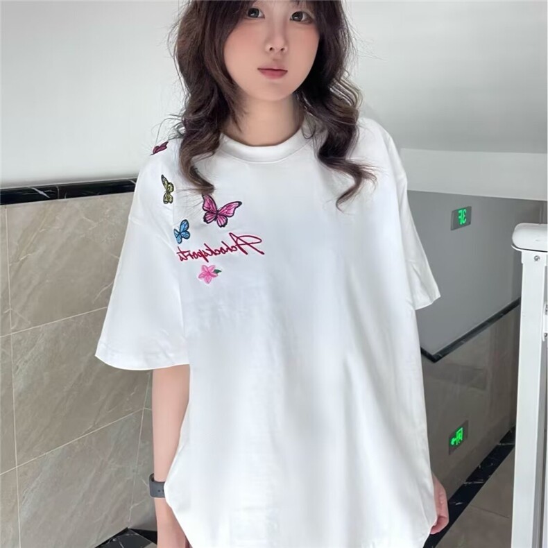 美式高街正肩环绕蝴蝶刺绣短袖T恤男女夏季2025新款情侣宽松上衣,男装T恤,星座506A