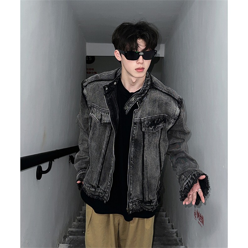 【自家图】美式毛边牛仔外套欧美街头垫肩复古短款夹克NT536P125，男装工装外套，星座301D-2(原星座1004-1）