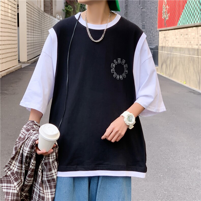 假两件短袖男百搭夏季t恤ins宽松半袖衣服潮牌五分袖T0586-P25,男装T恤,星座308B-1