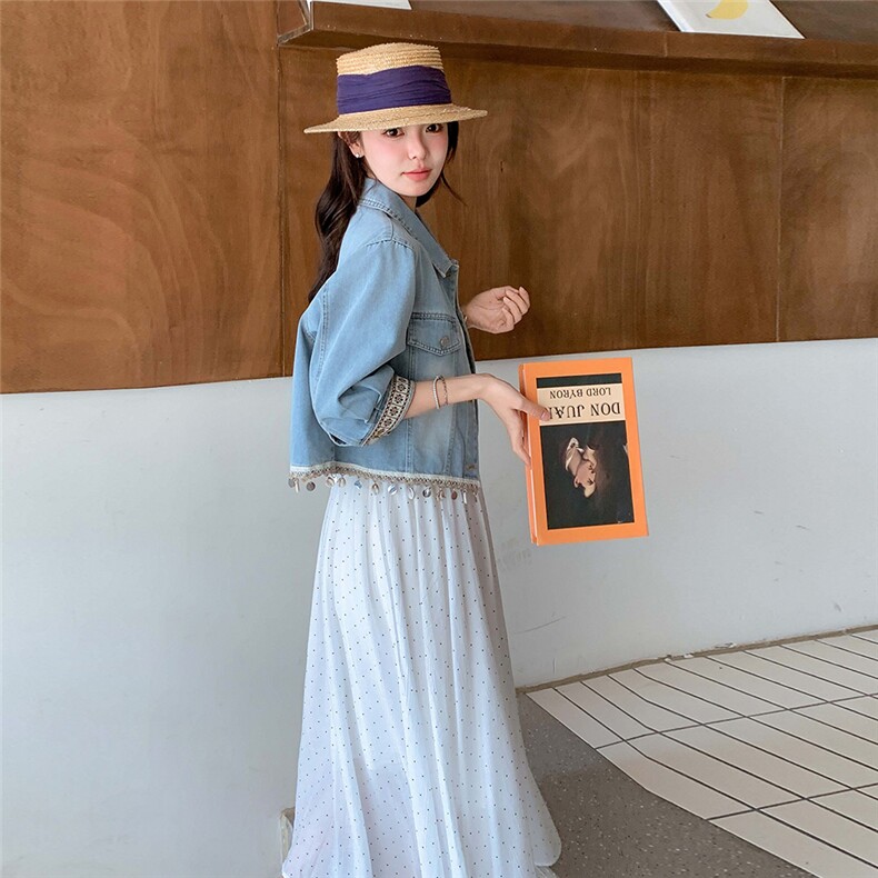 设计感复古牛仔外套波点吊带连衣裙套装女2025春季新款时尚两件套,女装套装/套裙,2C098