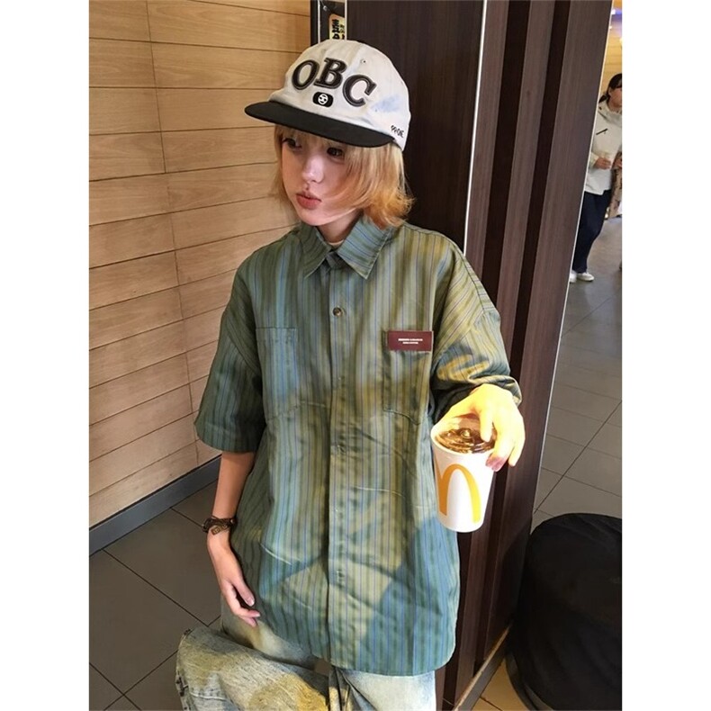 美式复古绿色条纹短袖衬衫男夏季潮牌高级感情侣衬衣宽松痞帅外套,男装T恤,星座506A