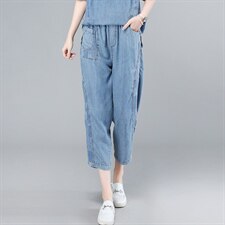 捡漏~时尚妈妈中老年牛仔印花拼接短袖上衣显瘦七分裤女，女装牛仔裤，叶笙衣