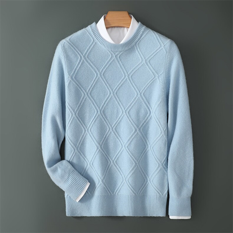 秋冬新款100%羊毛衫男圆领厚宽松纯色针织毛衣大码打底衫羊绒衫，男装羊毛衫，德晨羊绒