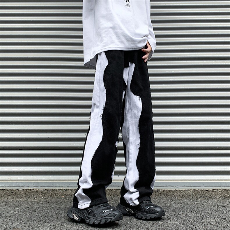 8XL-M 特大码美式高街ins小众vibe鸳鸯黑白拼接直筒牛仔裤K929P60图片