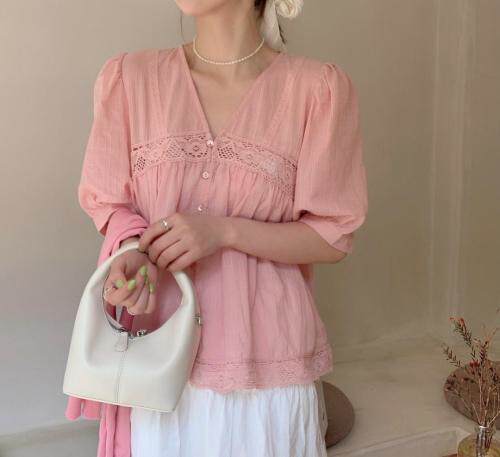 棉布刺绣v领A版上衣，女装，新袖