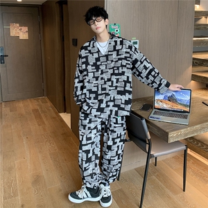 港风V领长袖衬衫一套装九分裤男搭配9分袖POLO衫男TZ7732P75控图片