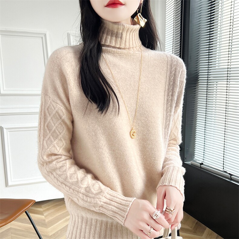 女高领羊毛衫2024秋冬新款宽松长袖针织衫,女装羊毛衫,蒙特羊绒