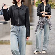 主推引流外套女2025春秋设计感休闲小个子显瘦显高夹克机车服上衣，女装皮衣，江南女神