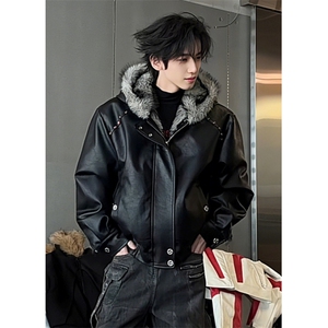 加绒加厚皮衣连帽毛领棉服男冬季仿狼毛短宽外套棉衣 M5043图片