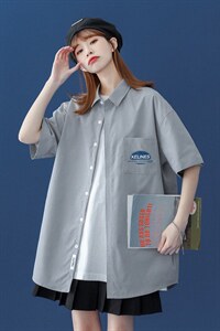 夏季新款 韩版港风宽松短袖翻领个性衬衫女 S99 P35控48图片