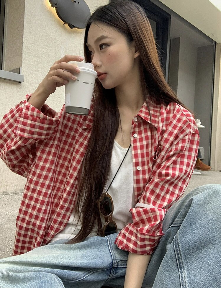 2025纯棉复古红显白格子宽松长袖衬衫,女装衬衫,湘姗