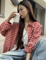 2025纯棉复古红显白格子宽松长袖衬衫，女装衬衫，湘姗