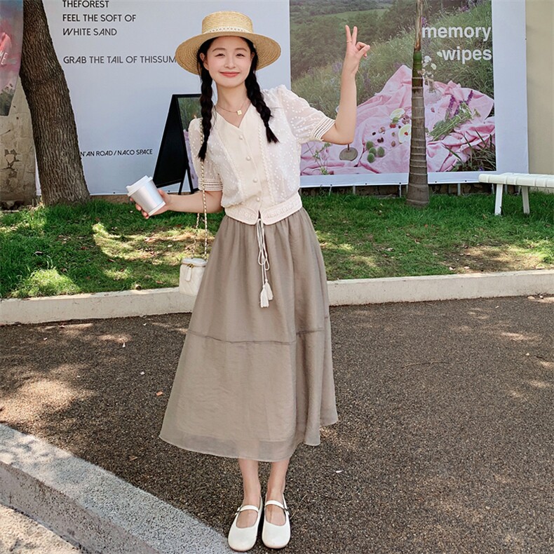 夏季港风小众设计V领提花上衣半身裙两件套女夏新款宽松休闲套装,女装套装/套裙,一九零