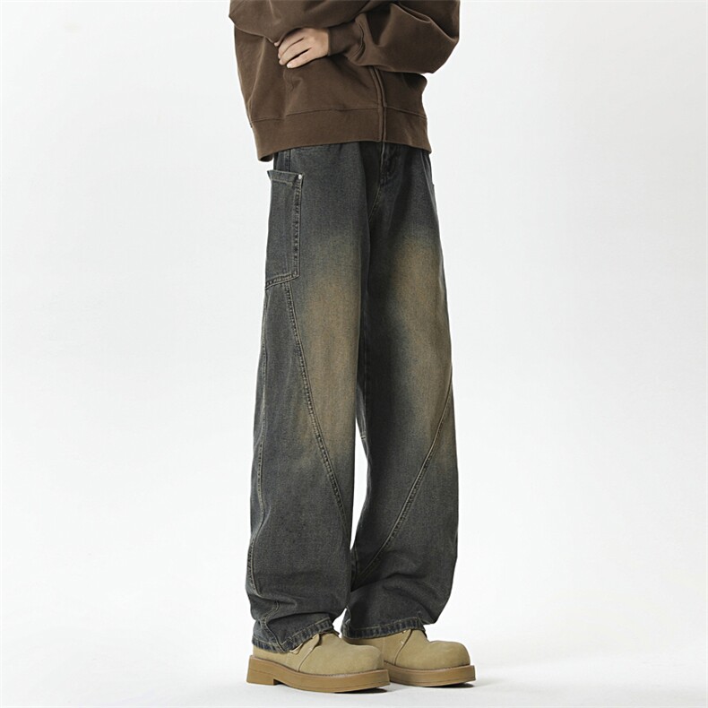 GENIOLAMODE美式水洗做旧牛仔裤男士秋季新款潮流宽松直筒阔腿裤，男装牛仔裤，星座515