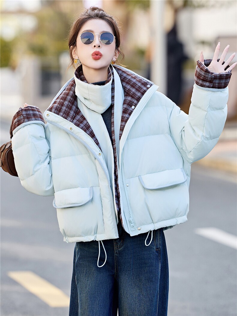 新款挂脖围巾加厚格纹拼接羽绒服2025年冬季时尚潮流,女装羽绒服,鑫鑫美
