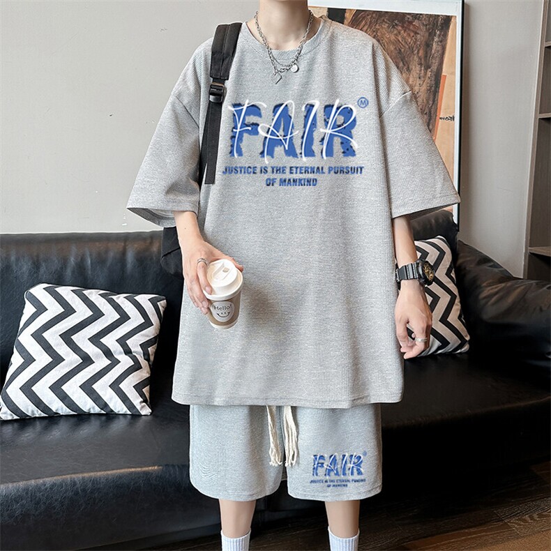 华夫格短袖t恤男士夏季薄款宽松速干休闲套装青少年夏天运动短裤,男装牛仔裤,星座1904A-1