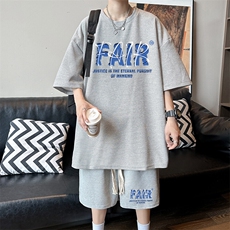 华夫格短袖t恤男士夏季薄款宽松速干休闲套装青少年夏天运动短裤，男装牛仔裤，星座1904A-1